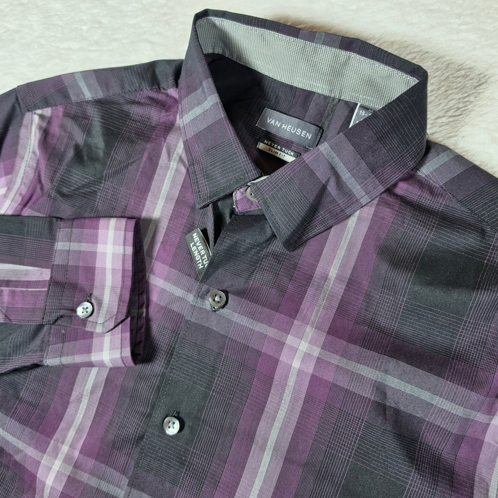 NEW! Van Heusen Never Tuck Slim Fit Mens M Purple Plaid Button Up Shirt 50F2882